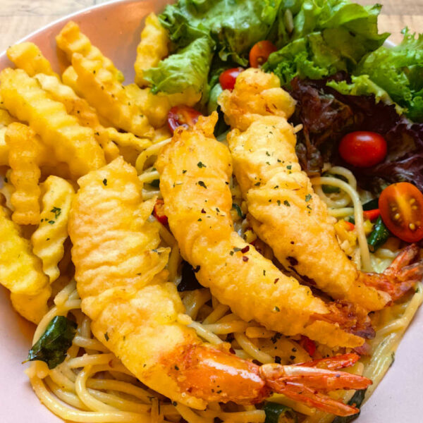 Salted Egg Shrimp Tempura Spaghetti