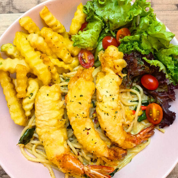 Salted Egg Shrimp Tempura Spaghetti